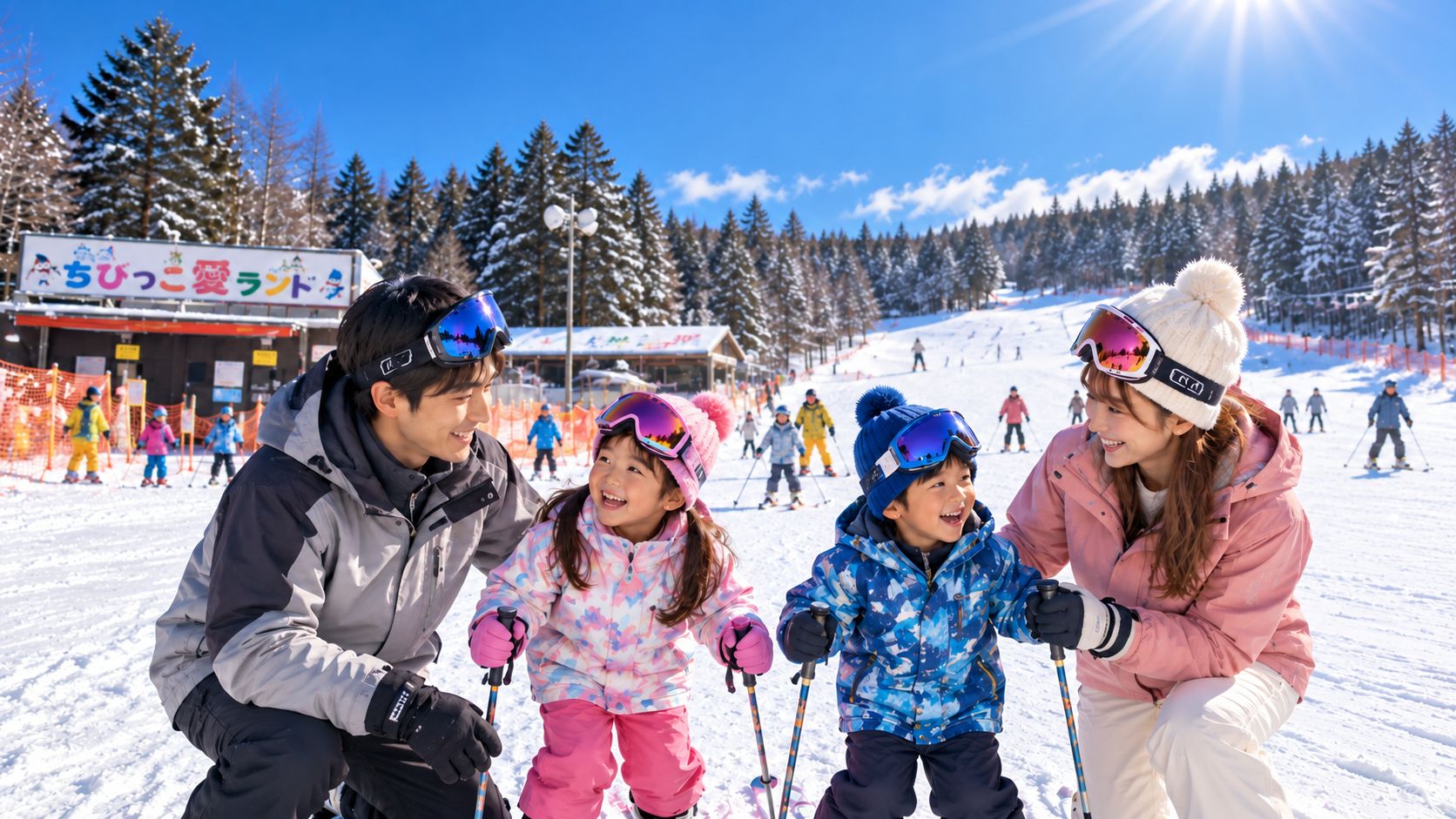 雪の上で遊ぶ家族連れ