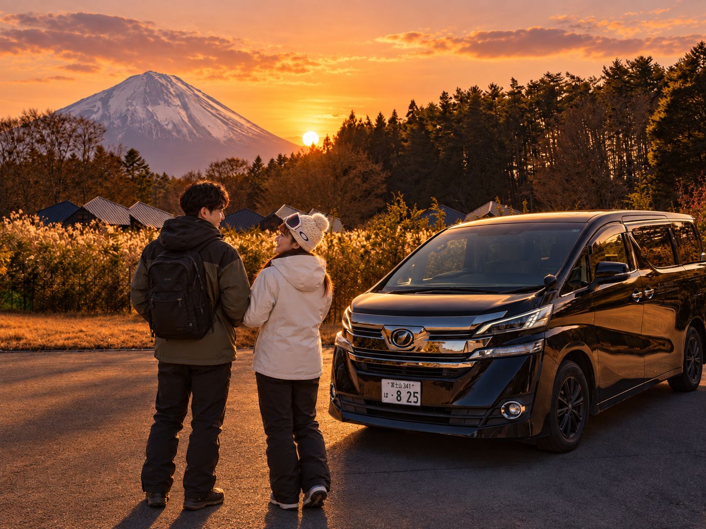 夕焼けの富士山を背に、送迎車の前で笑い合うスキーウェア姿の2人